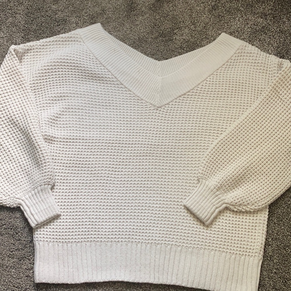 Zenana Balloon sleeve wide V neck waffle sweater